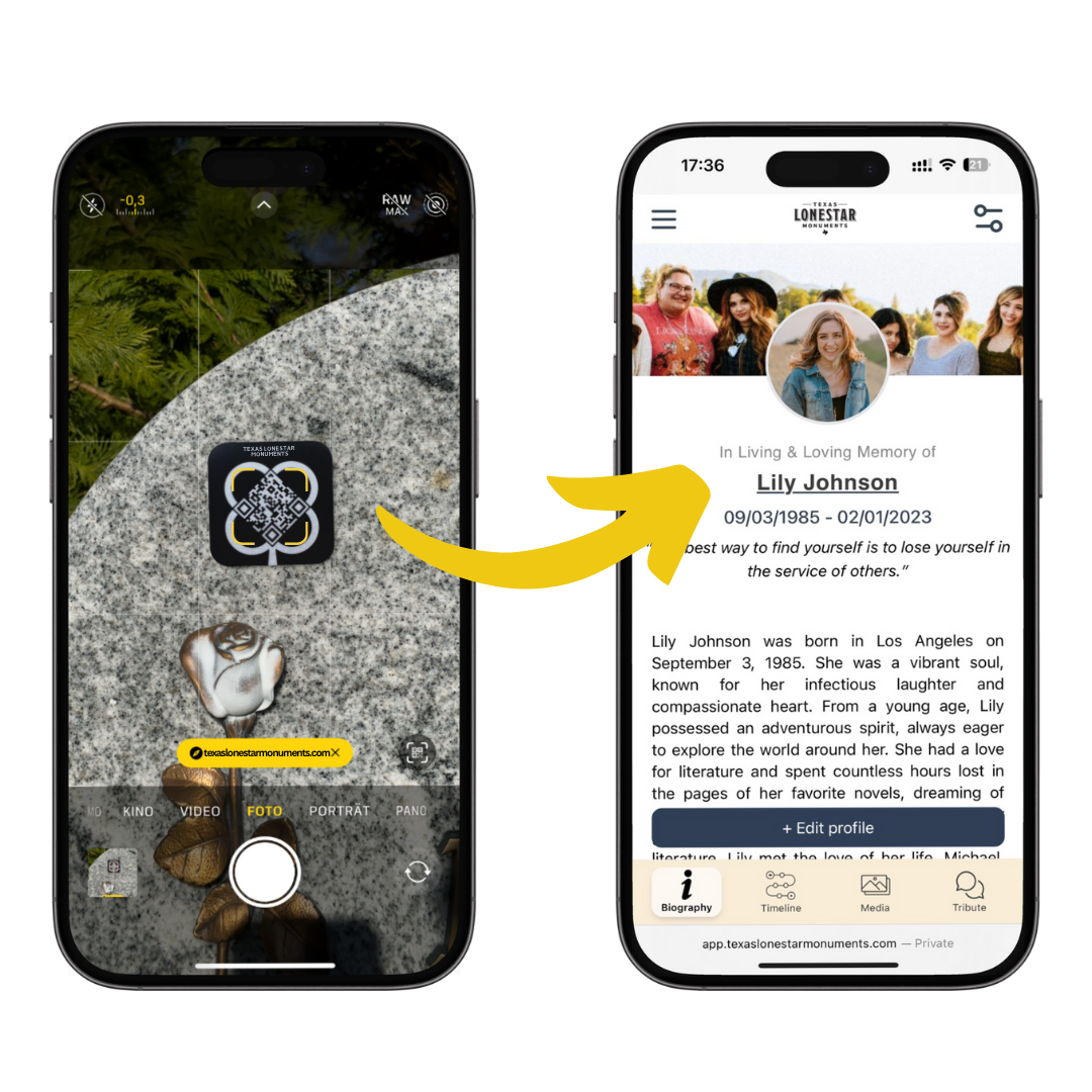 Scan a MemorialTag QR with your phone and see the loved one's full memorial — Texas Lonestar Monuments